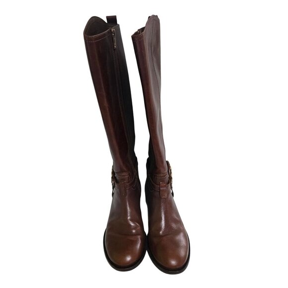 Tory Burch Aaden Riding Boots Cognac Leather Gold Logo Zip Closure Size 6M - Picture 4 of 16